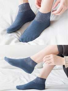 1/3/5/10 Pairs Women's Autumn/Winter Pure Cotton Lace Socks, Solid Color Loose Fit, Warm Thickened Versatile Ruffle Socks, Sleep Socks, Floor Socks - Multicolor - View 9