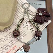2pcs Vintage Brown Leopard Print 3D Pendant With Rhinestone Bow Candy Heart Charm, DIY Handmade Sweater Chain Keychain Bag Pendant Material - Brown - View 3