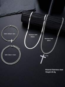 4pcs Men's Stainless Steel Jewelry Set, Cross Pendant Necklace, Cuban Chain, Snake Chain, Hip Hop Punk Daily Wear Accessories - Silver - View 2