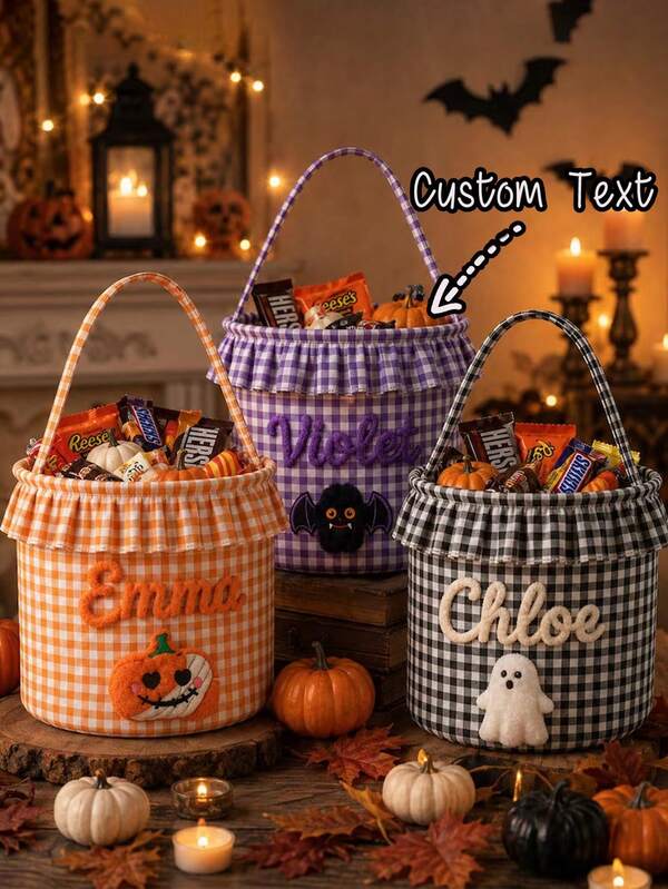 刺繡姓名萬聖節 Trick Or Treat 禮品袋、萬聖節 Trick Or Treat 提桶、個性化萬聖節籃子、字母刺繡萬聖節袋