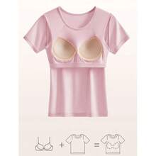 Built-In Bra Lounge T-Shirt, Fixed Integrated Cups, Short Sleeve Scoop Neck Home Top - White - View 6