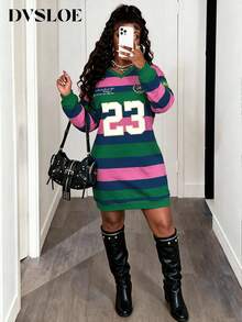 Women's Colorblock Striped 23 Number Print Fleece Sweatshirt Dress, V-Neck Ribbed Cuffs And Hem, Autumn/Winter Casual Mini Dress - Multicolor - View 1