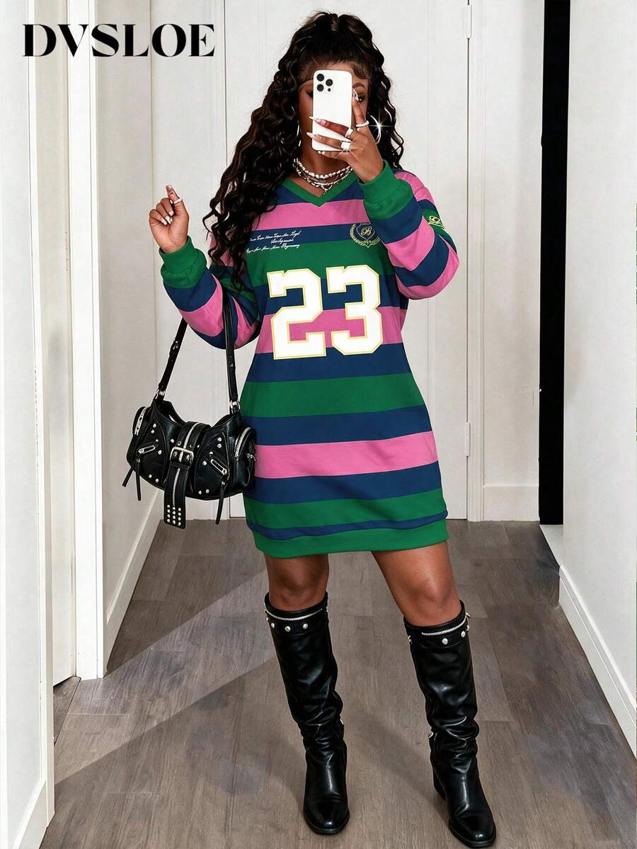 Women's Colorblock Striped 23 Number Print Fleece Sweatshirt Dress, V-Neck Ribbed Cuffs And Hem, Autumn/Winter Casual Mini Dress - Multicolor - View 1