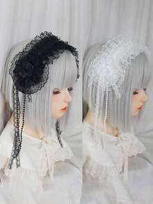 1件白色蕾絲髮箍，附粉色蝴蝶結與緞帶，蘿莉塔風格女款時尚 Cosplay 髮飾 - 米色 - 查看 4