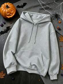 Plus-Size Women's Halloween Hoodie With A Leopard Ghost Print, Drawstring Pockets, Casual Sporty Style, Autumn And Winter Top, Pullover. - Grey - View 2