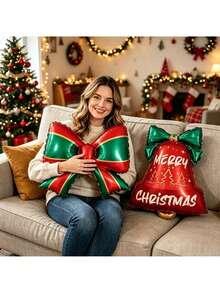 2PCS Christmas Bell & Bow Aluminum Foil Balloon Set, Suitable For Christmas Tree Hanging Decorations, Holiday Party Decor, Christmas And New Year Decorations - Christmas Bell Bow - View 4