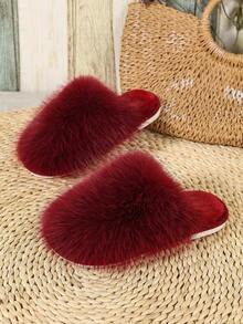 新款時尚純色長毛封趾拖鞋，保暖防滑鬆弛毛絨拖鞋 - 酒紅色 - 查看 6