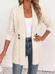 Women's Apricot Open Front Large Lapel Knit Cardigan Sweater, Long Sleeve Mid-Length, Decorative Double-Breasted Buttons, Autumn/Winter Outerwear - Floral Apricot - View 4