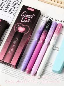 4/1pc Pink Heart-Shaped Retractable Gel Pens, Cute ST Nib, Best Friend Gift Study Pen, Pink Heart Element Stationery - Multicolor - View 1