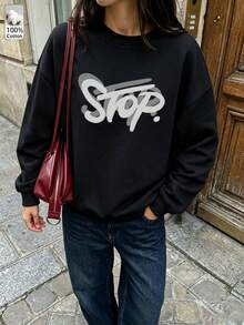 Autumn/Winter Women's Crew Neck Long Sleeve Black Sweatshirt, Layered Letter Print, Casual Daily Wear Sports Style Women's Top, Y2K Streetwear - Black - View 1