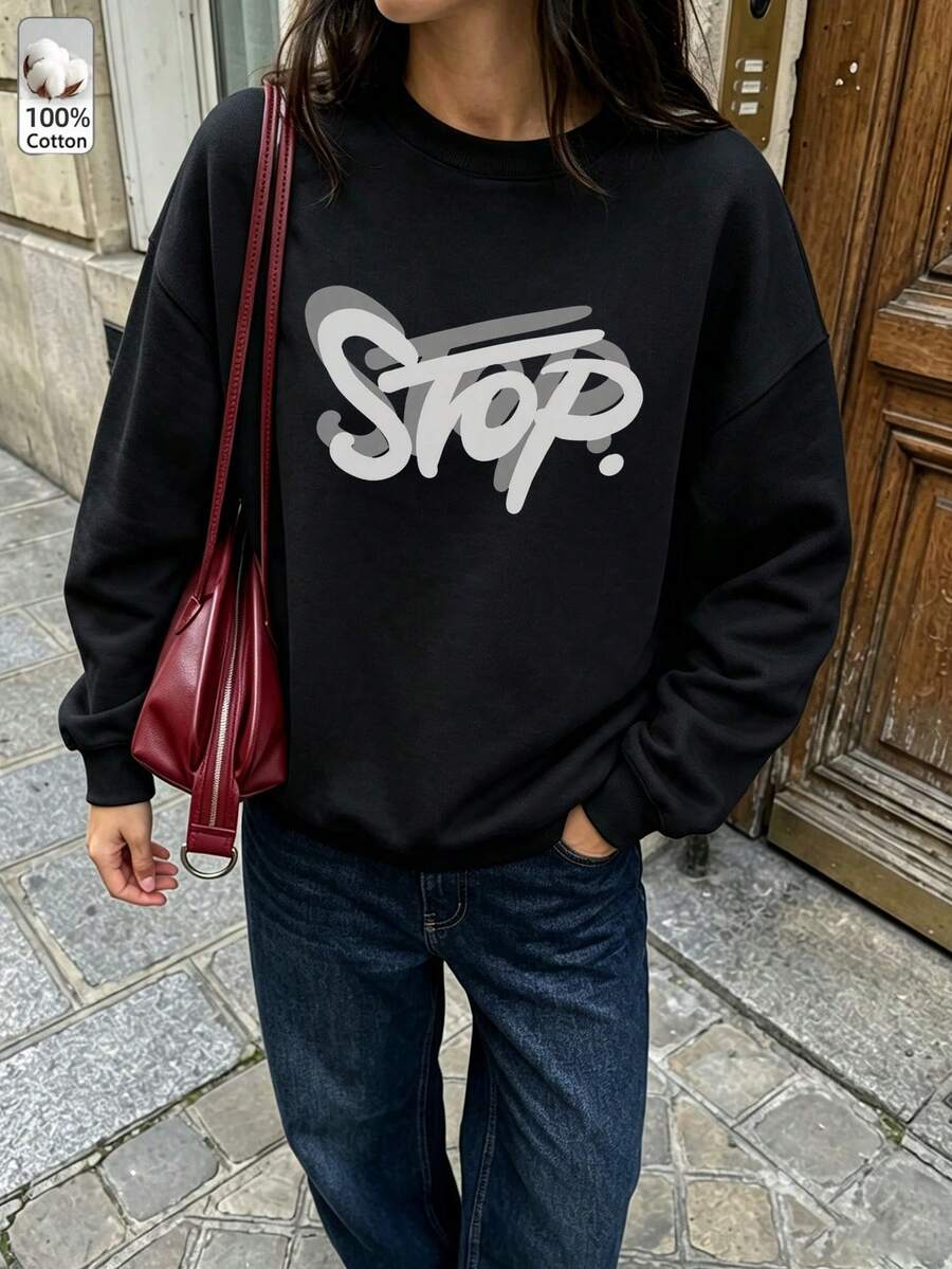 Autumn/Winter Women's Crew Neck Long Sleeve Black Sweatshirt, Layered Letter Print, Casual Daily Wear Sports Style Women's Top, Y2K Streetwear - Black - View 1