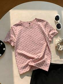 女童夏季兩件套波點短袖T恤與荷葉邊短褲套裝，適合4-7歲幼兒 - 粉色 - 查看 4