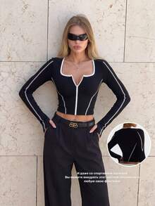 1pc Women's Seamless Small Round Neck Front Zipper Contrast Line Thumb Hole Running Fitness Workout Yoga Outdoor Sports Jacket - Black and White - View 5
