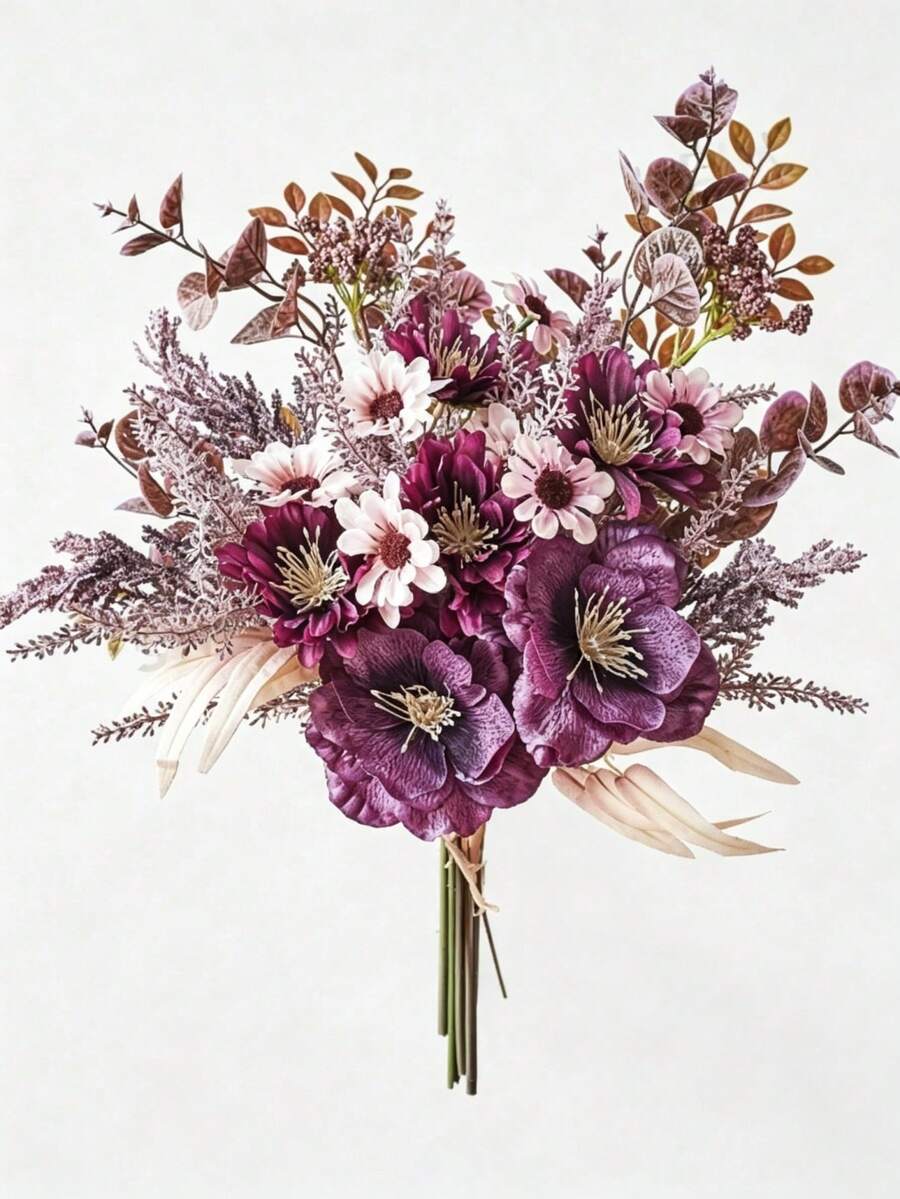 1/3 Bunch Artificial Flowers, Including Artificial Anemone, Daisy And Eucalyptus Leaves, Realistic Touch, Suitable For Vase, Home, Hotel Guest Room, Wedding Decoration, Tabletop Centerpiece, Autumn Decor, Etc. - Purple - View 1
