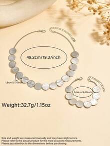 1 Set 2pcs Fashionable Minimalist Versatile Creative Textured Metal Geometric Sequin Patchwork Necklace & Bracelet Set, Suitable For Women's Daily, Banquet, Party Wear - Silver - View 5