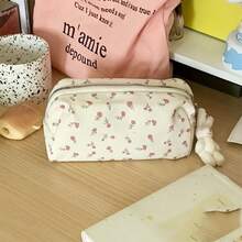 Cream Cherry Ditsy Floral Pencil Case, Large Capacity Makeup Bag, Minimalist Design - Single Piece - View 1