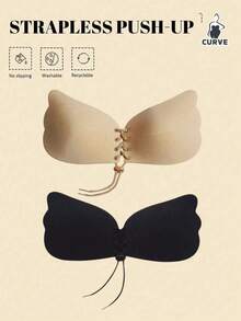 1/2pcs Black Skin-Tone Dual-Color Wing-Shaped Drawstring Self-Adhesive Bra, Minimalist Invisible Nylon Fabric, Wing-Shaped Cups With Adjustable Drawstring Ties, Honeycomb Adhesive Points With Center Glue-Free Protection, Shaping Body Lines, Suitable For Wedding Dress, Evening Gown, Backless Outfits, Weddings, Parties, Commuting, Vacation - Drawstring - View 2