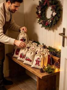 8pcs/Set Christmas Linen Drawstring Gift Bags, Plaid Christmas Print Reusable Linen Bags, Suitable For Holiday Gift Packaging And Party Decoration - Multicolor - View 7