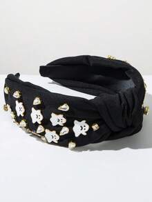 1pc Halloween Element Hair Accessory European And American Solid Color New Gem Ghost Decor Wide Band Knotted Headband Suitable For Women Party Wear Black Headpiece Holiday Accessory - FG1565-black Ghost - View 2