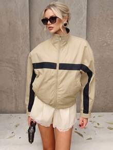 Women's Autumn/Winter Colorblock Patchwork Lapel Zipper Jacket, Loose Casual Long Sleeve Coat, Colorblock Zipper Windbreaker Jacket, Stand Collar Long Sleeve Loose Short Sport Jacket, Retro Sport Style Stand Collar Loose Colorblock Striped Casual Everyday Women's Cardigan, Old Money Style Sport Casual Colorblock Zipper Windbreaker, Y2K Retro French Sport Colorblock Striped Short Jacket - Khaki - View 3