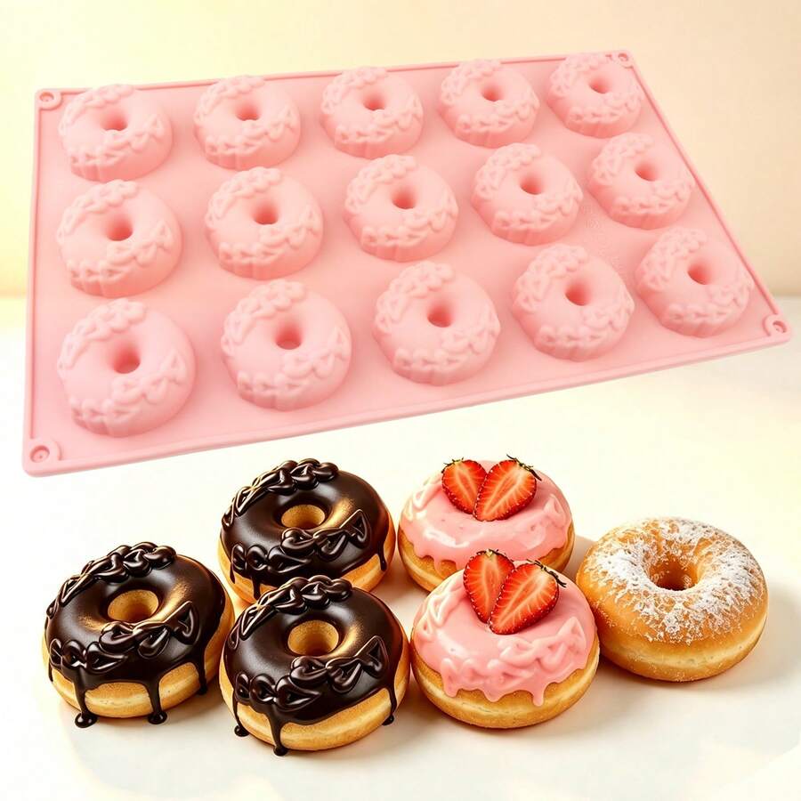 1pc Pink 15-Cavity Silicone Donut Baking Mold, Non-Stick Easy Release, Silicone, Suitable For Making Various Donuts And Other Baked Goods, Beginner DIY, Baking Gift - Pink - View 1