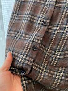 Women's Loose Brown Plaid Button-Down Shirt, Casual Oversized Long Sleeve Woven Top - Brown - View 3