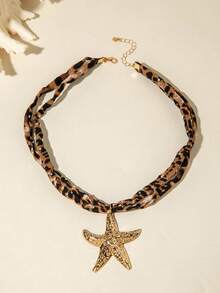 1pc+2pcs/ Personalized Fabric Polyester Leopard Print Cross Vortex Starfish Pendant Necklace, Suitable For Women's Daily Vintage Outfit Jewelry Gift - Multicolor - View 10