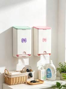 Cute Bow Wall-Mounted Tissue Box, Bathroom Sanitary Napkin Storage Box, Vertical Striped Textured Shell, No-Drill Adhesive Wall Installation. Smooth Dispensing Opening, Can Hold Face Towels, Tissues, Flip-Top Design For Easy Refill. White And Pink Contrast Color Girly Style, Suitable For Bathroom Vanity, Frees Up Countertop Space, Practical Home Storage For Face Towels And Tissues. - Multicolor - View 4