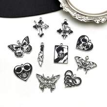 3/10pcs Halloween Gothic Enamel Charms Skull Moth Butterfly Snake Cross Poker Card Pendant For DIY Bracelet Necklace Jewelry Making Findings - Black - View 2