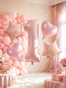 5pcs Pink Birthday Party Balloon Set With Star, Heart, Number 1 Foil Balloons, Suitable For Birthday Party Decoration, Theme Party Setup, 1st Birthday, Anniversary - Pink Star Heart Number 1 - View 1