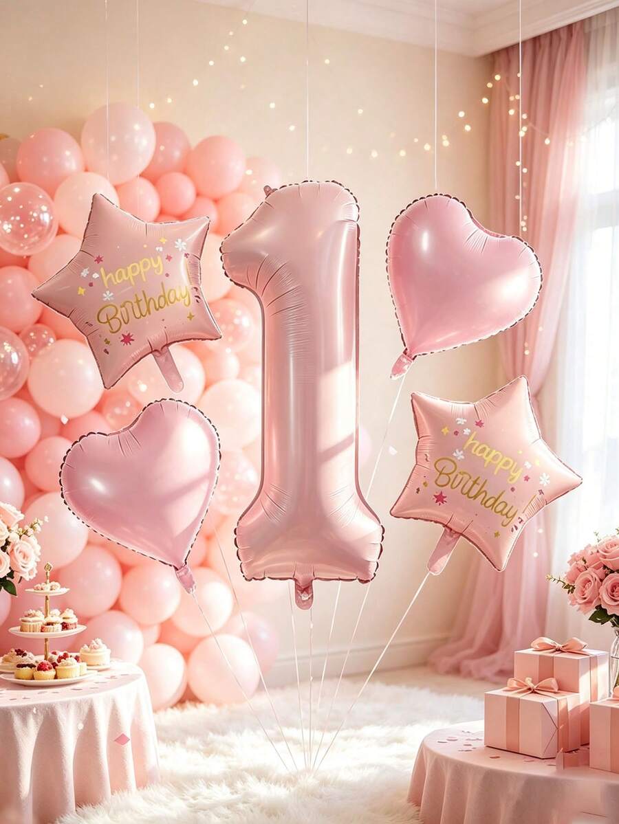 5pcs Pink Birthday Party Balloon Set With Star, Heart, Number 1 Foil Balloons, Suitable For Birthday Party Decoration, Theme Party Setup, 1st Birthday, Anniversary - Pink Star Heart Number 1 - View 1