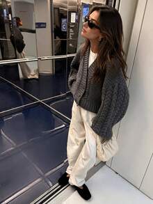 Senya 2026 Women's Grey Cable Knit Cardigan, V Neck Button Front Chunky Sweater, Relaxed Drop Shoulder Quiet Luxury Chic Fall Winter Fashion - Grey - View 5