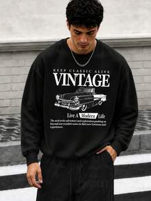 Zrgoth Men's Casual Street Retro Car Graphic Print Crew Neck Pullover Sweatshirt - Black - View 1