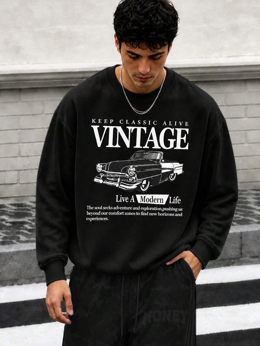 Zrgoth Men's Casual Street Retro Car Graphic Print Crew Neck Pullover Sweatshirt - Black - View 1
