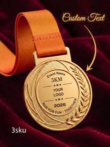 1pc Custom Text Engraved Round Sports Medal,Laurel Wreath Pattern Metal Award Medal With Satin Ribbon,Personalized Marathon 5KM Race Competition Club Ceremony Keepsake Prize - Multicolor - View 1