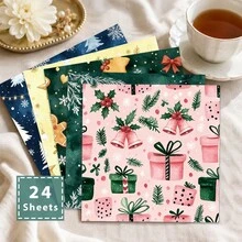 Tlenpo 24pcs, Watercolor Christmas Series Stationery Paper, Multiple Patterns Available, Warm Christmas Holiday Scrapbook Paper, DIY Diary, Planner Collage, Junk Journal Pages, Junk Art, Reuse, Handmade Photo Album, Decorative Materials - Square - View 6