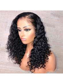 16 inch P4/27 Deep Wave Highlighted Bob pruik van echt haar, 5x5 honingbruin krullend haar, glueless pruik van echt haar voor vrouwen, korte HD lace front pruik - Natural Black - Bekijken 7