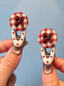 4pcs Cute Cherry Plaid Duckbill Hair Clips, Sweet Fabric Round Decor Hair Clips, Girls Daily Hair Accessories, Dual Color Set For Back To School, Christmas, Graduation Season, Everyday - Multicolor - View 2
