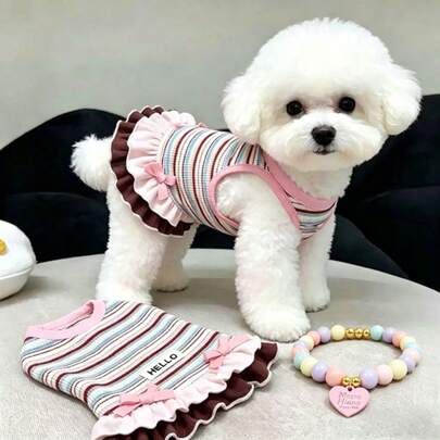 Sweet Striped Ruffled Pet Dress; Soft, Stretchy, Sleeveless Dog Dress; Cute Everyday Pet Apparel Suitable For Small Dogs; Pet Vest-Style Dress Featuring An Exquisite Bow Accent; Ideal For Walks And Daily Wear.