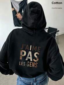 Autumn/Winter Women's Hooded Long Sleeve Black Sweatshirt, Plaid Letter Print, Casual Commuter Sporty Women's Top, Y2K Street Style Hooded Pullover - Black - View 8