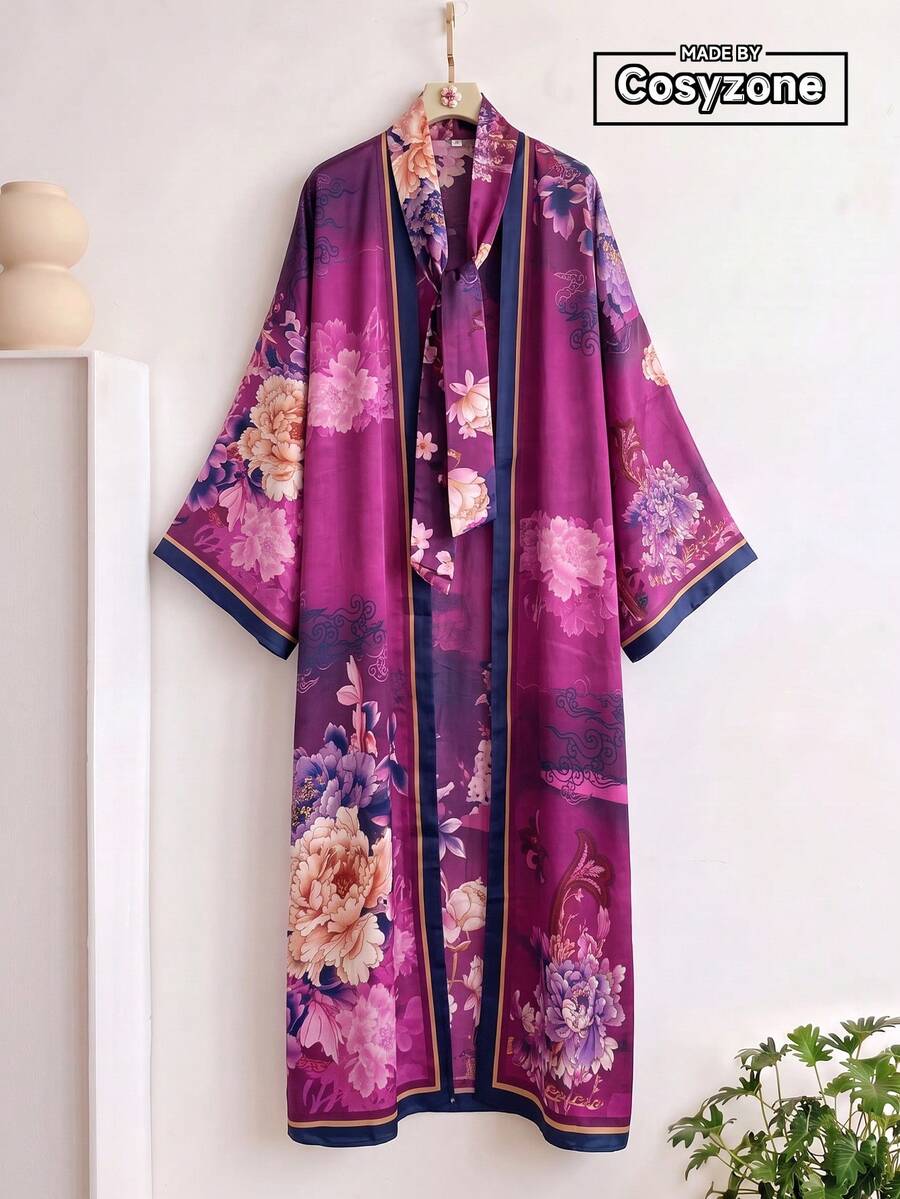 1件歐美風印花和服式晨袍，寬鬆繫腰沙灘罩衫，休閒度假披肩開襟衫 - 暗紫紅色 - 查看 1