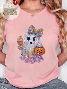 Plus Size Women's Daily Ghost Pumpkin Coffee Print Round Neck Short Sleeve Casual Spring/Fall/Summer Plus-Size T-Shirt Top Going Out Tops Women - Pink - View 4