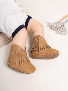 Infant Western Style Fringe Denim Ankle Boots, Side Zipper Easy On/Off Comfortable Soft Infant Boots - Khaki - View 6