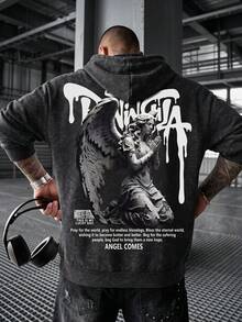 Men's Autumn/Winter Hoodie With Angel Statue Graffiti Print On Back And Drawstring - Black - View 1