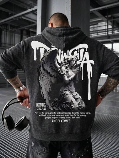 Men's Autumn/Winter Hoodie With Angel Statue Graffiti Print On Back And Drawstring