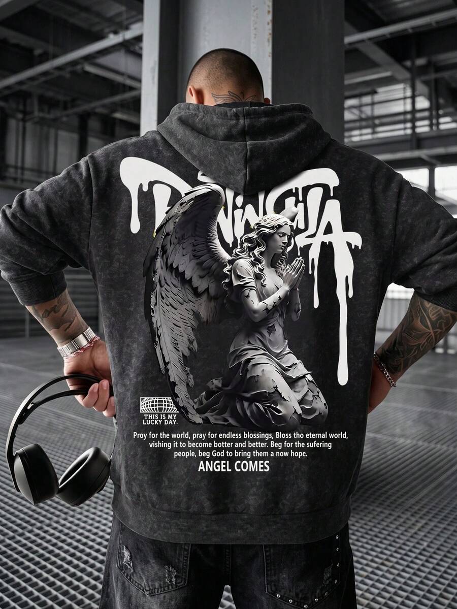Men's Autumn/Winter Hoodie With Angel Statue Graffiti Print On Back And Drawstring - Black - View 1