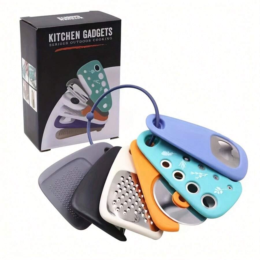 6pcs Kitchen Gadget Set, Space-Saving Cooking Tools Kitchen Accessories - Garlic Grinder, Cheese Grater, Vegetable Peeler, Pizza Cutter, Herb Stripper, Bottle Opener Gift Set, Suitable For RV Camping And Outdoor Use - A - View 1