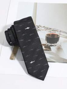 1pc Men's Minimalist Fashion Versatile Small Shark Pattern Hand-Tied Necktie, Suitable For Party, Shopping, Campus And Daily Wear - Black - View 5