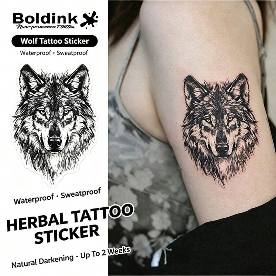 Boldink Wolf Pattern Temporary Tattoo | Minimalist Wild Design | Waterproof & Non-Fading Up To 14 Days | Matte Finish, Natural Non-Reflective | Unisex Easy Application | Top Pick For Temporary Wolf Tattoo - Black - View 1
