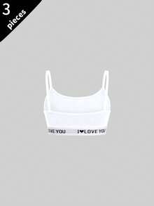 3pcs Tween Girls Camisole Undershirt, Letter Print Wide Bottom Spaghetti Strap Bra, Black Grey White 3 Colors, Skin-Friendly Seamless Breathable Anti-Slip Tank Top - Multicolor - View 6